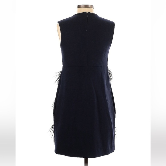 Stella McCartney- Navy Wool Sleeveless Mini Dress with Black Faux Fur Pom Poms - Picture 2 of 3